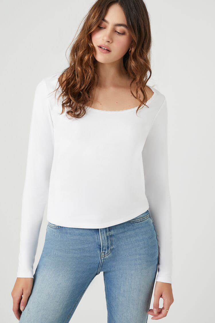 Women's Lace-Trim Long-Sleeve Top in White, XL