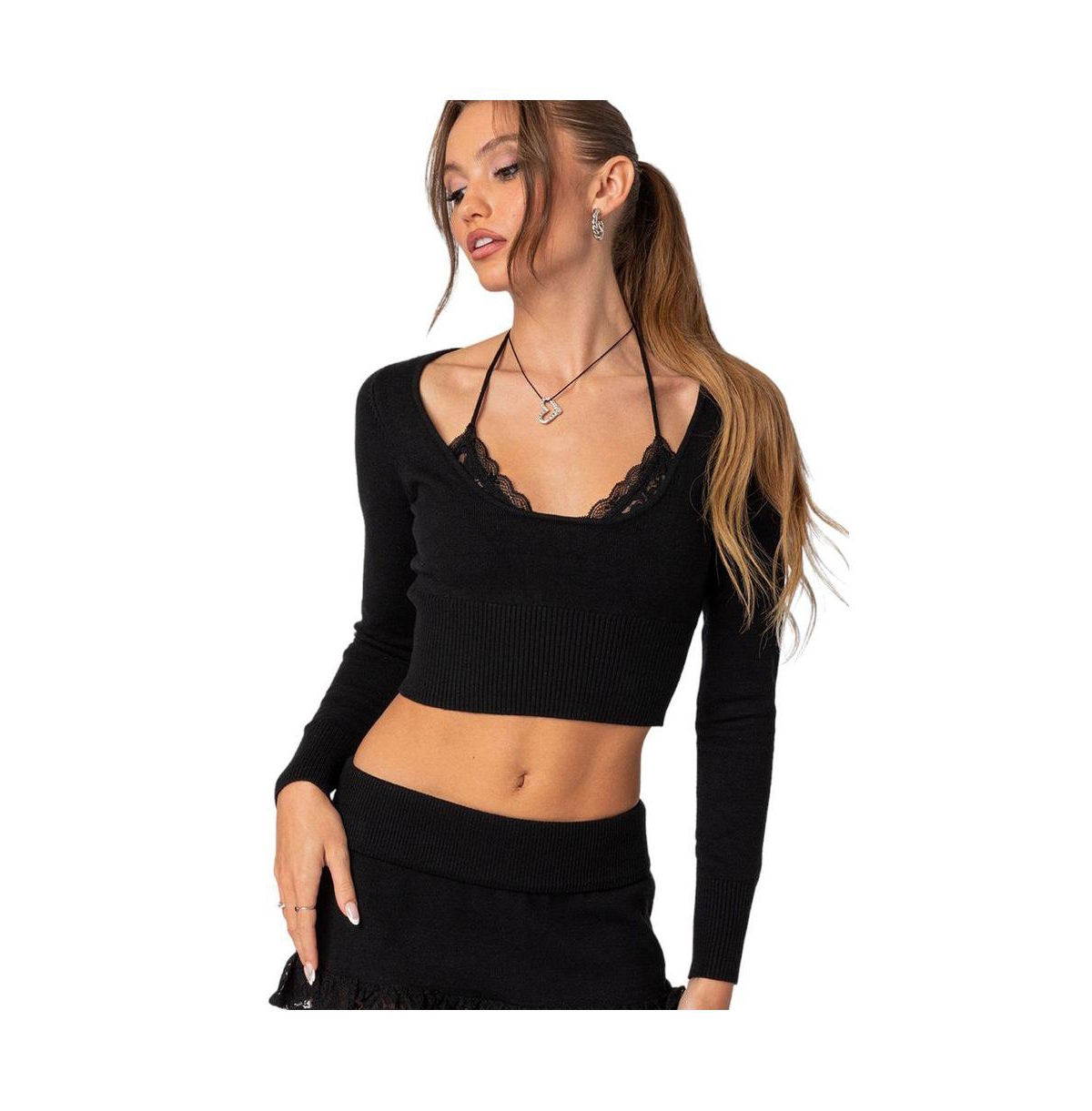 Women's Lace bra detail knit top - Black