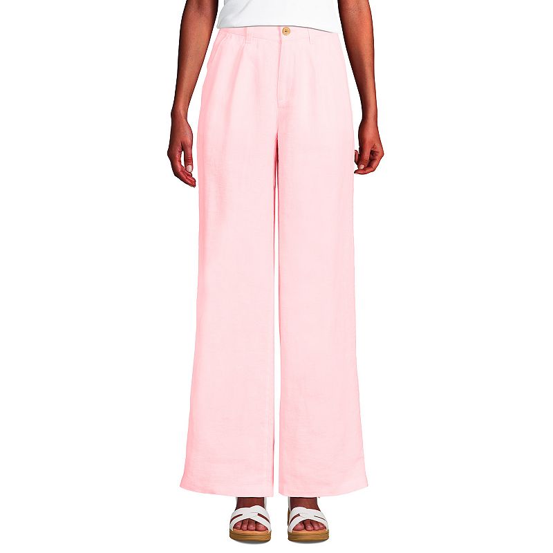 Women's Lands' End High-Rise Wide-Leg Linen Pleated Pants, Size: 14, Simply Pink Linen