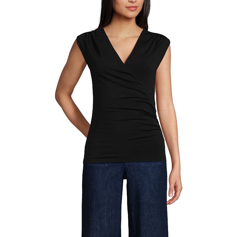 Women's Lands' End Lightweight Jersey Wrap Front Top, Size: Medium, Black