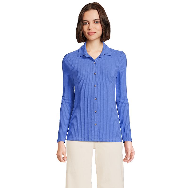 Women's Lands' End Long-Sleeve Ribbed Button-Front Polo Top, Size: Medium, Chicory Blue