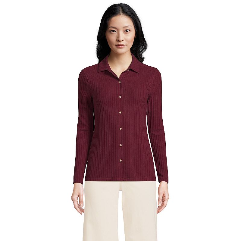 Women's Lands' End Long-Sleeve Ribbed Button-Front Polo Top, Size: XS, Rich Red