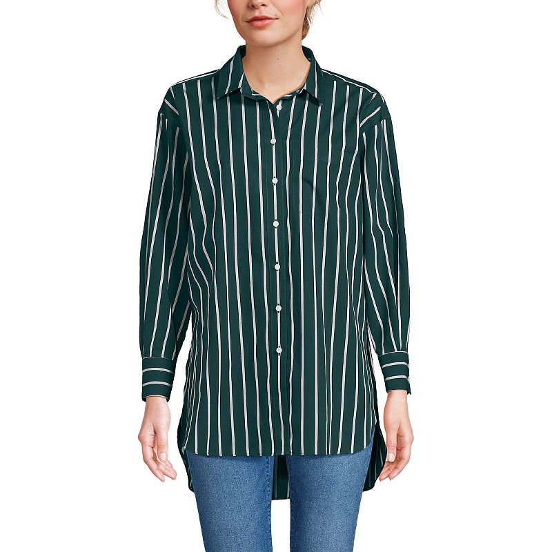 Women's Lands' End No Iron Oversized Tunic Button Down Shirt, Size: Small, Green Wide Stripe