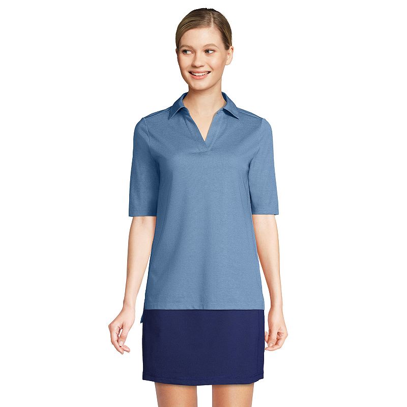 Women's Lands' End Performance Elbow Sleeve Pique Polo Top, Size: Small, Evening Blue