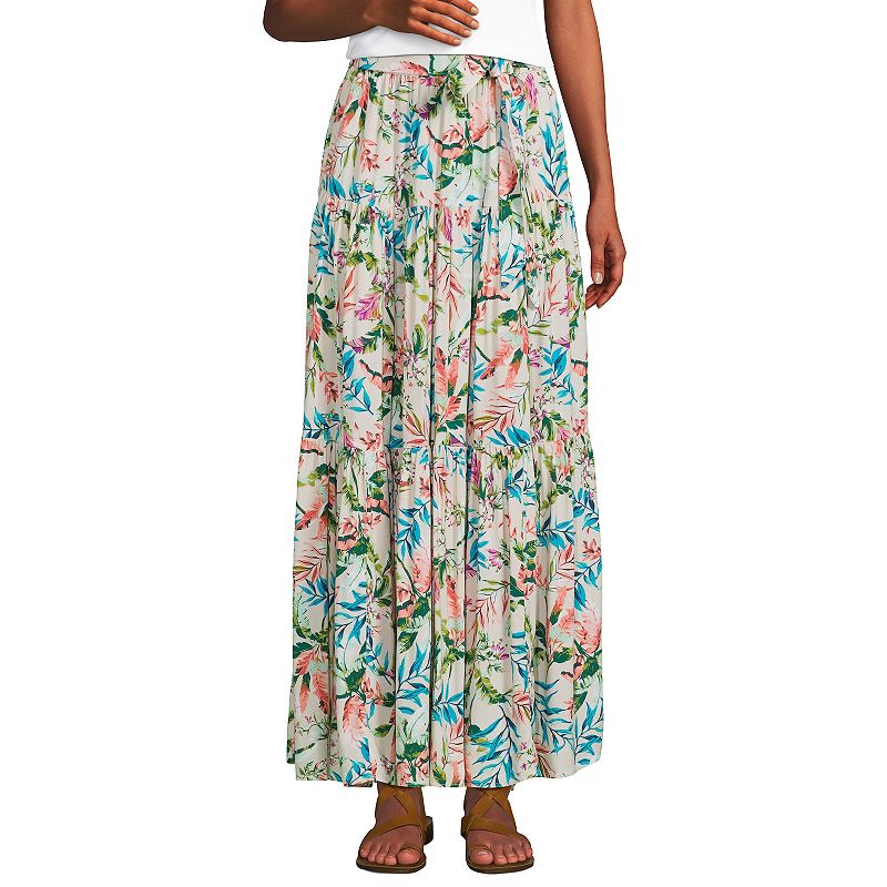 Women's Lands' End Printed Flowy Tiered Maxi Skirt, Size: Medium, Alabaster Team Palm