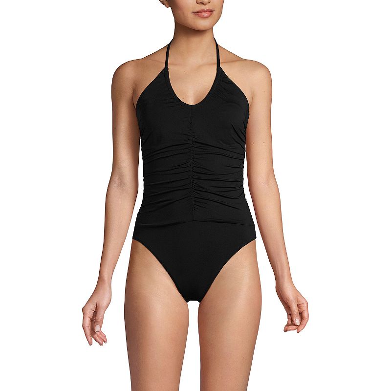 Women's Lands' End V-Neck Halter High Leg One-Piece Swimsuit, Size: 16, Black