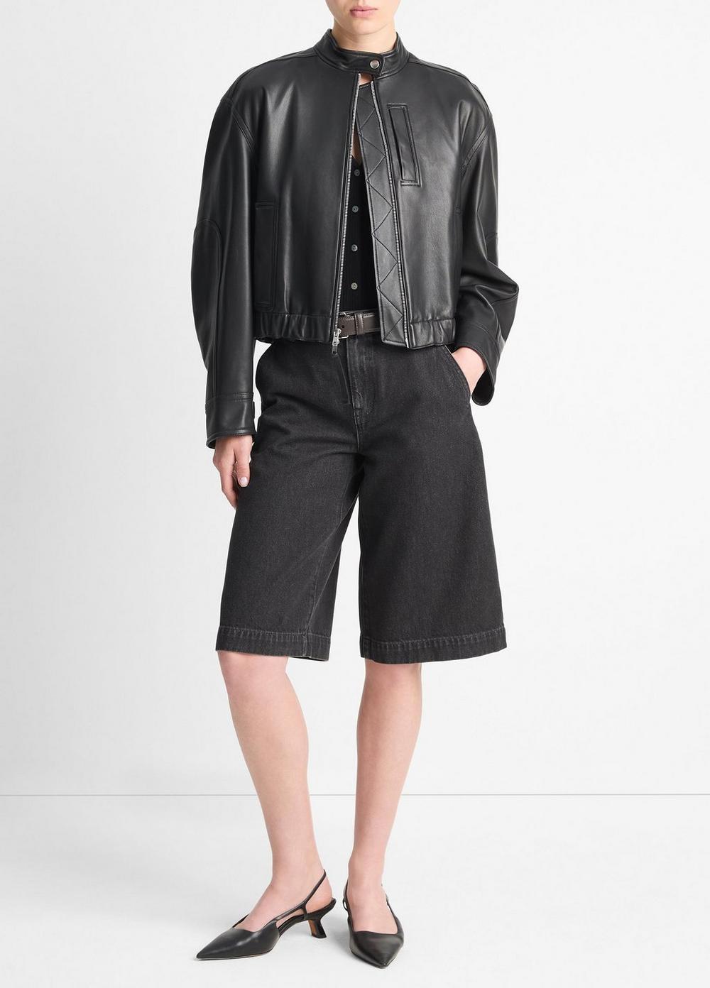 Women's Leather Cropped Bomber Jacket, Black, Size L Vince