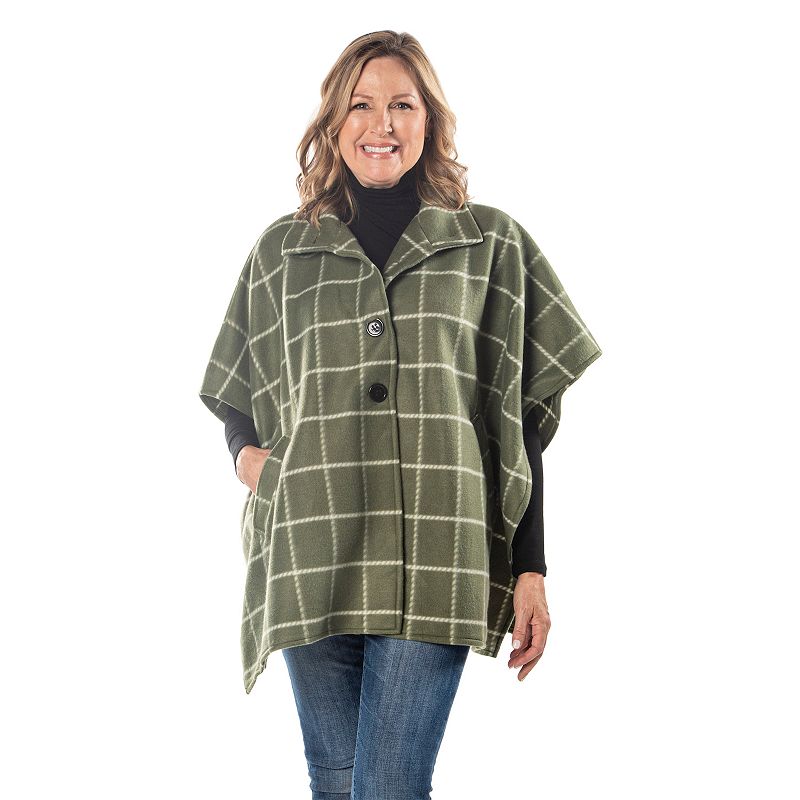 Women's Linda Anderson Bridget High Neck Four Button Green Fleece Cozy Coat Cape