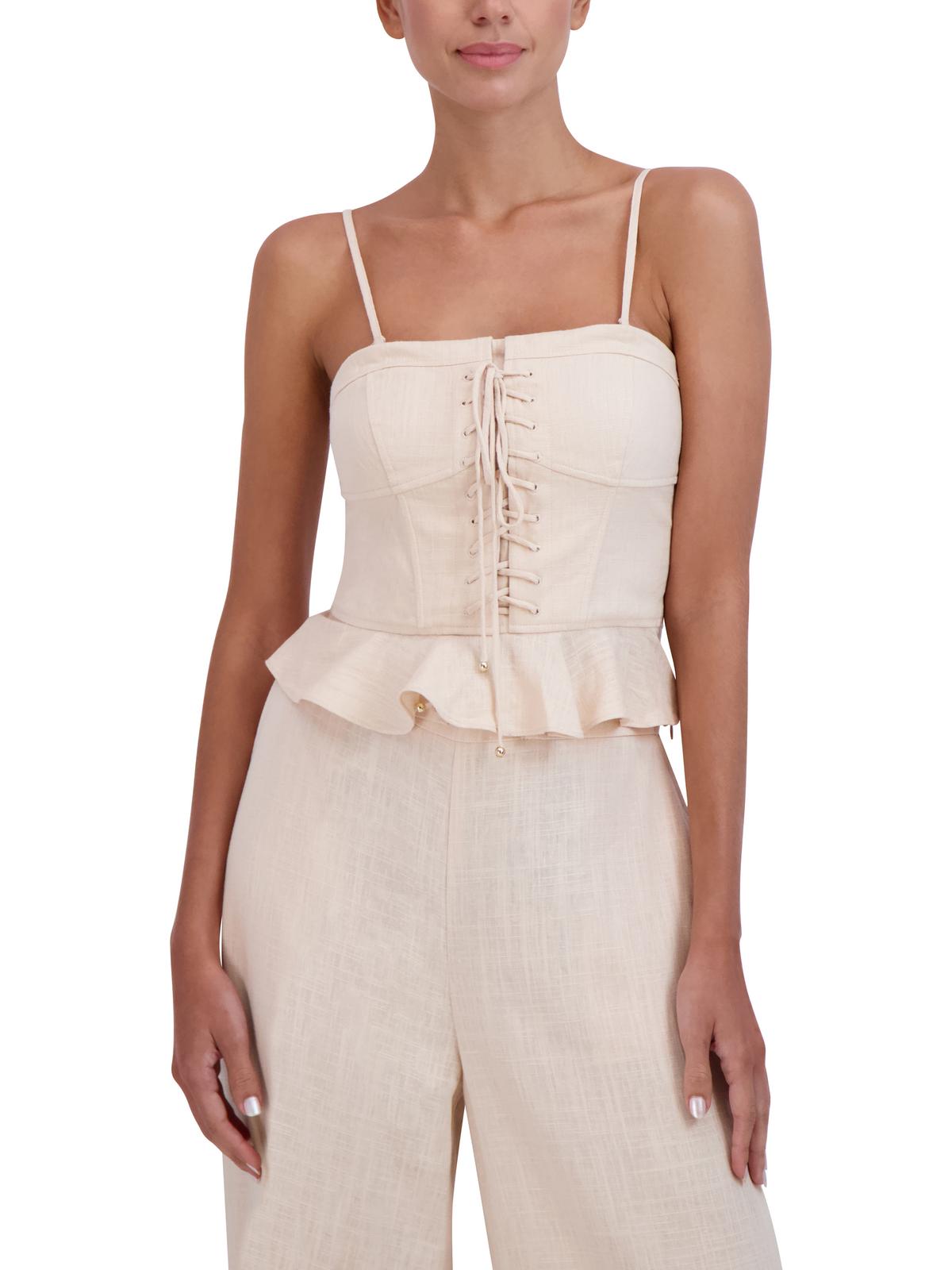 Womens Linen Blend Corset Seamed Peplum Top