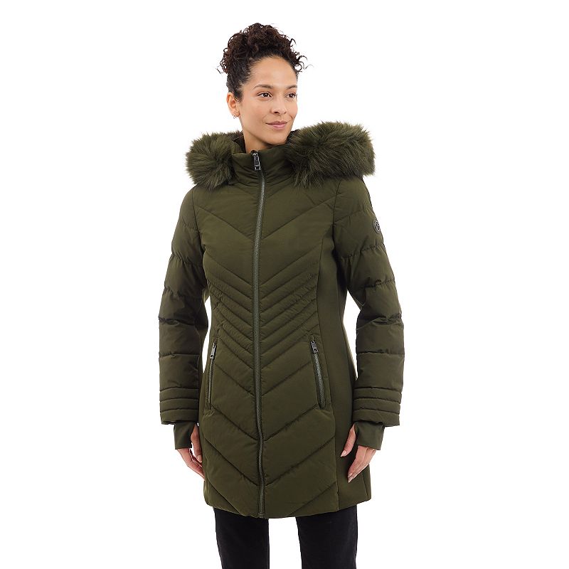 Women's London Fog Faux Fur Trimmed Hooded Puffer Jacket, Size: Small, Green