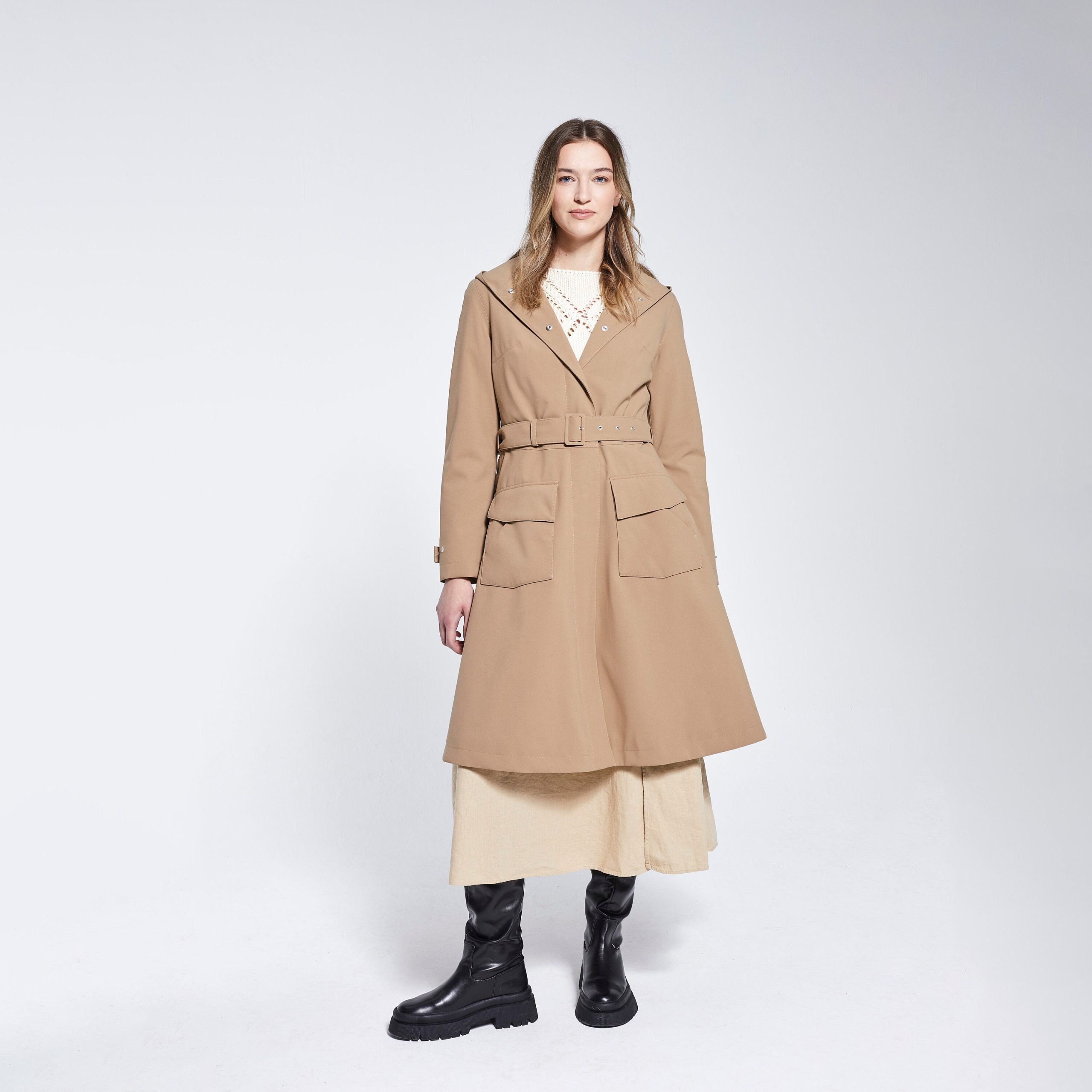 Women's Long Flare Raincoat in Beige - Sustainable Outerwear