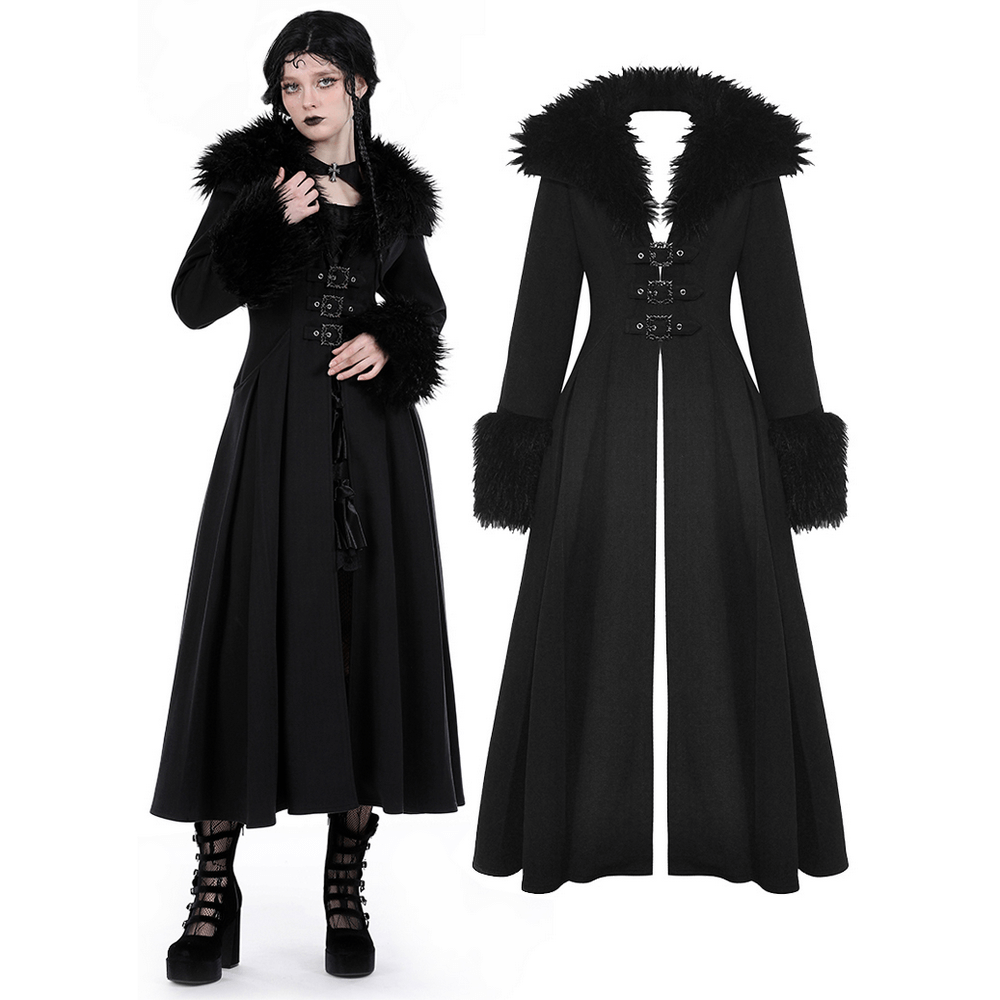 Women's Long Trench Coat with Faux Fur Collar and Cuffs