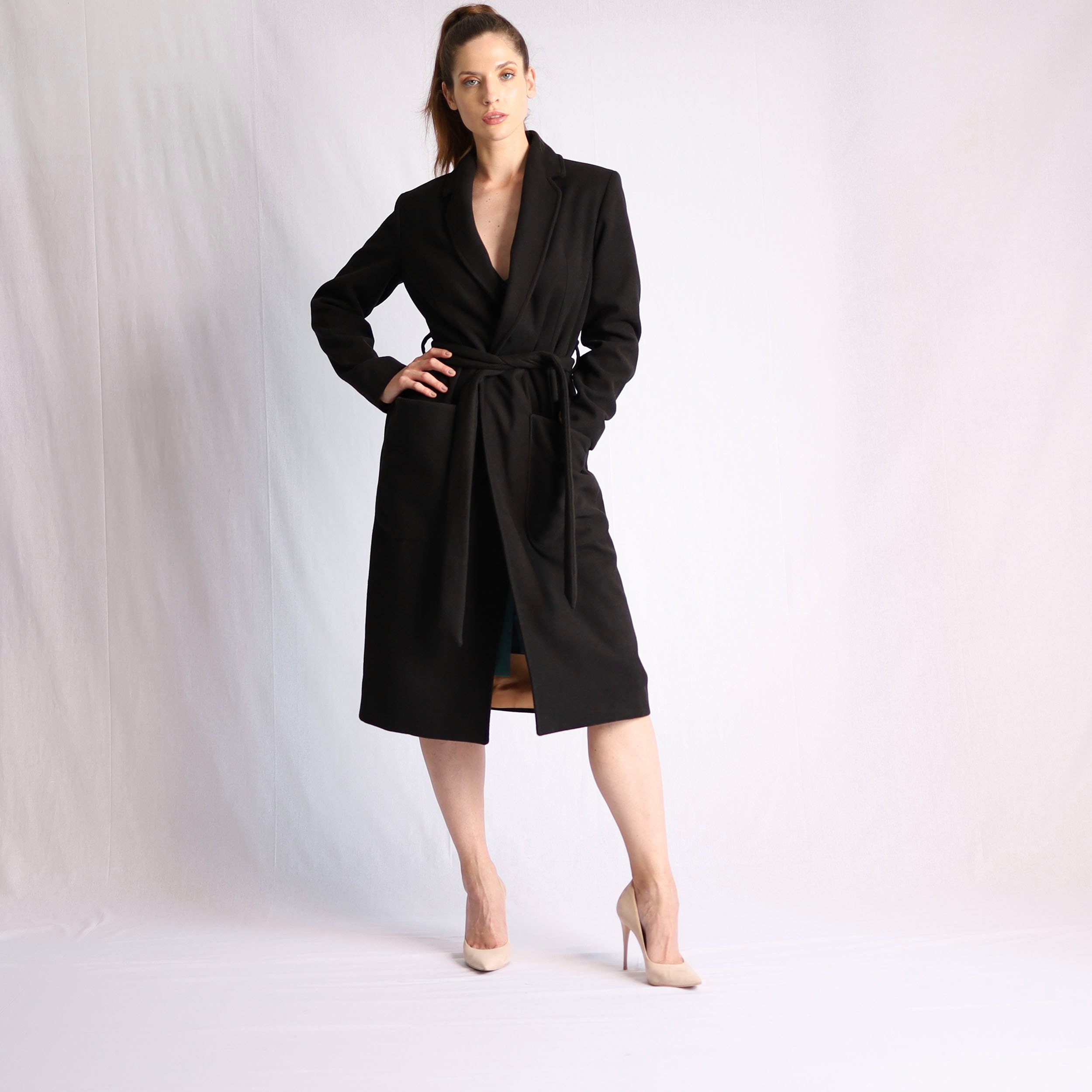 Women's Long Wool Wrap Coat With Tailored Shoulders & Belt Fastening in Black Color