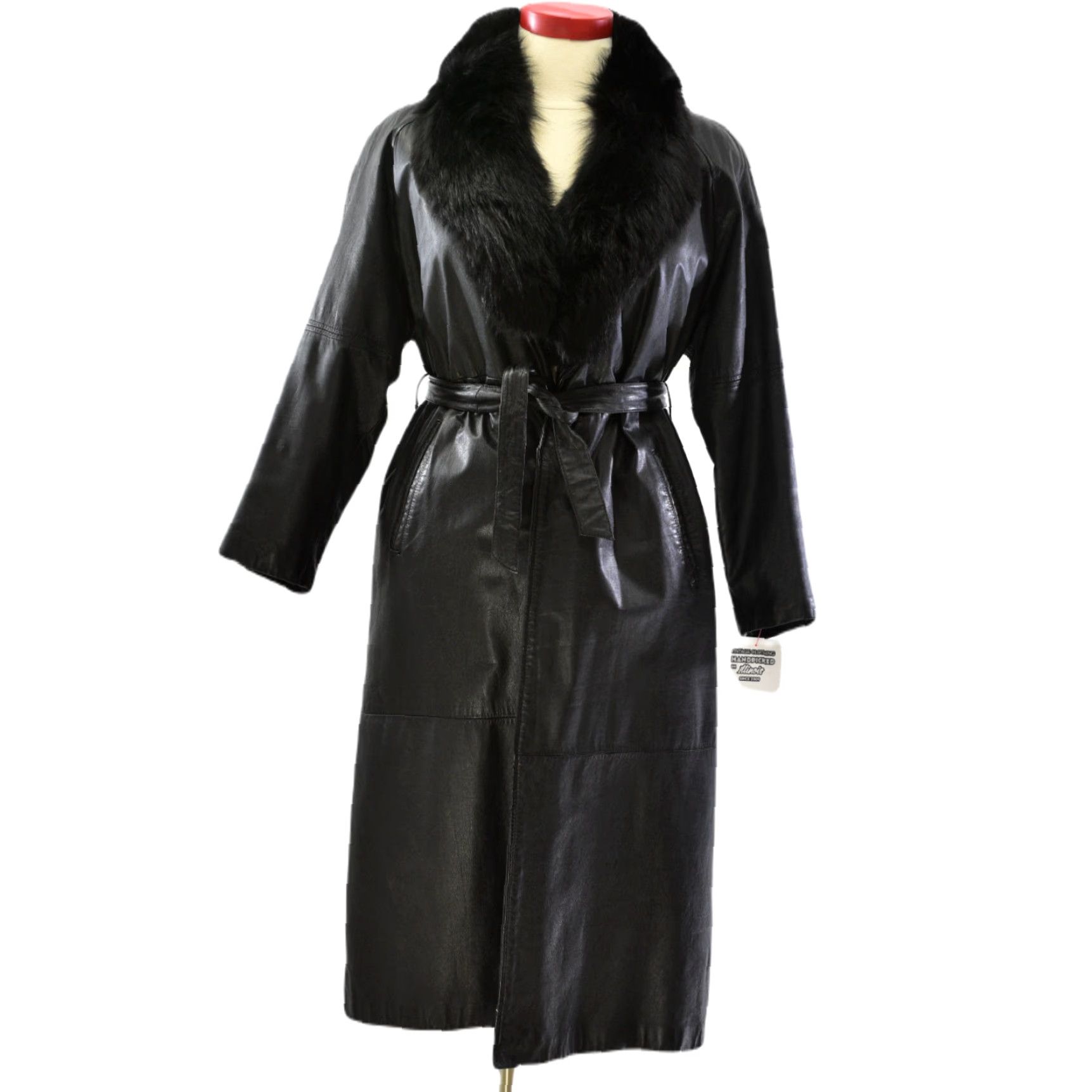 Womens Luxury Black Leather Wrap Coat With Exquisite Rabbit Fur Collar Detail Iconic 80's Vintage Greg Bell Design in White (Size Large)