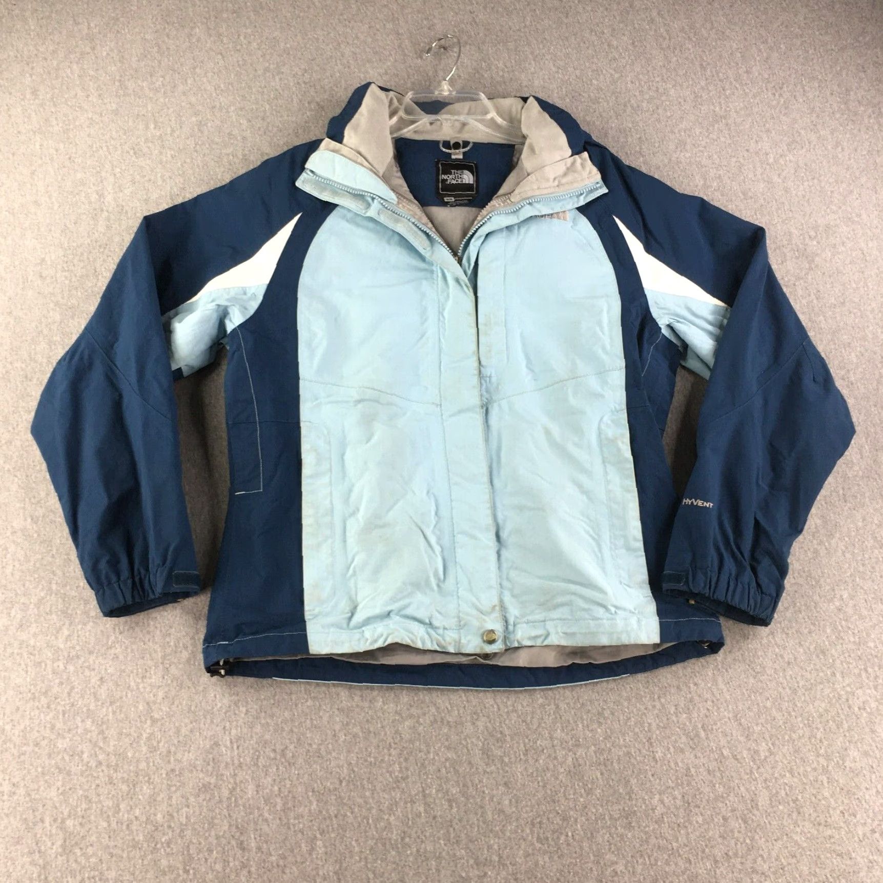 Womens M Full Zip Windbreaker Hooded Hyvent The North Face Jacket Blue in White (Size Medium)