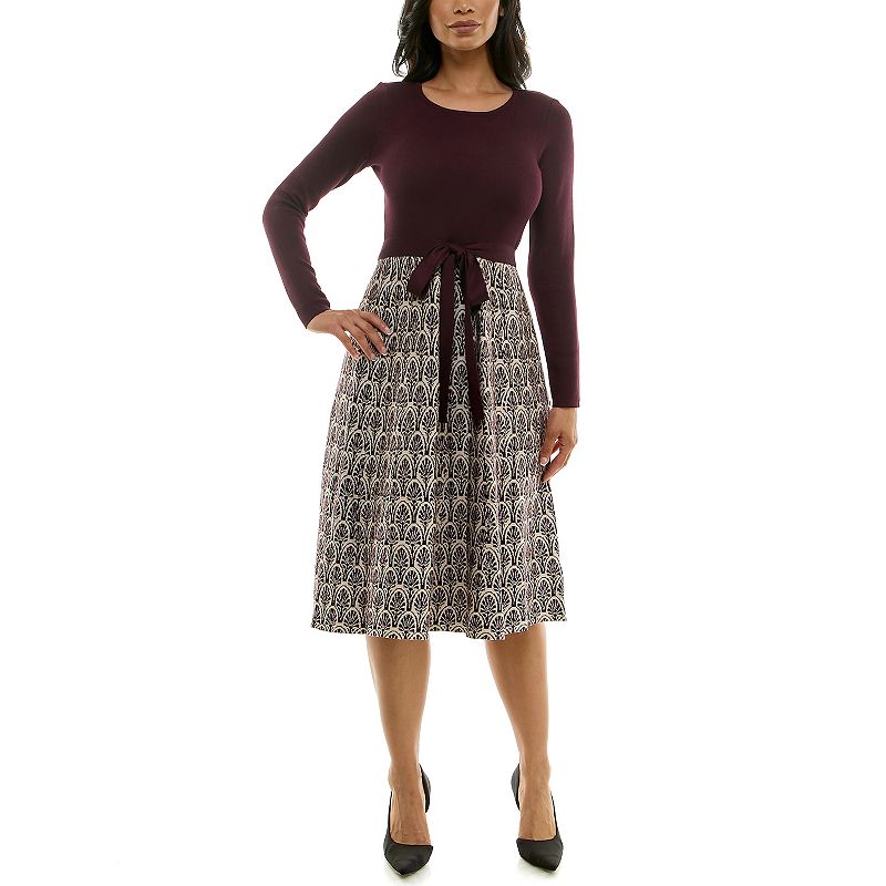 Women's Maison Tara Solid Top Patterned Skirt Knit Dress, Size: Large, Fig