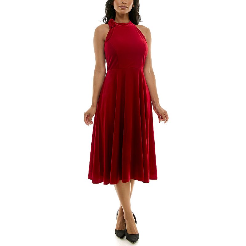 Women's Maison Tara Velvet Bow Halter Neck Fit & Flare Midi Dress, Size: 14, Candy Red