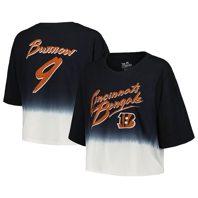 Women's Majestic Threads Joe Burrow Black/White Cincinnati Bengals Dip-Dye Player Name & Number Crop Top, Size: XL