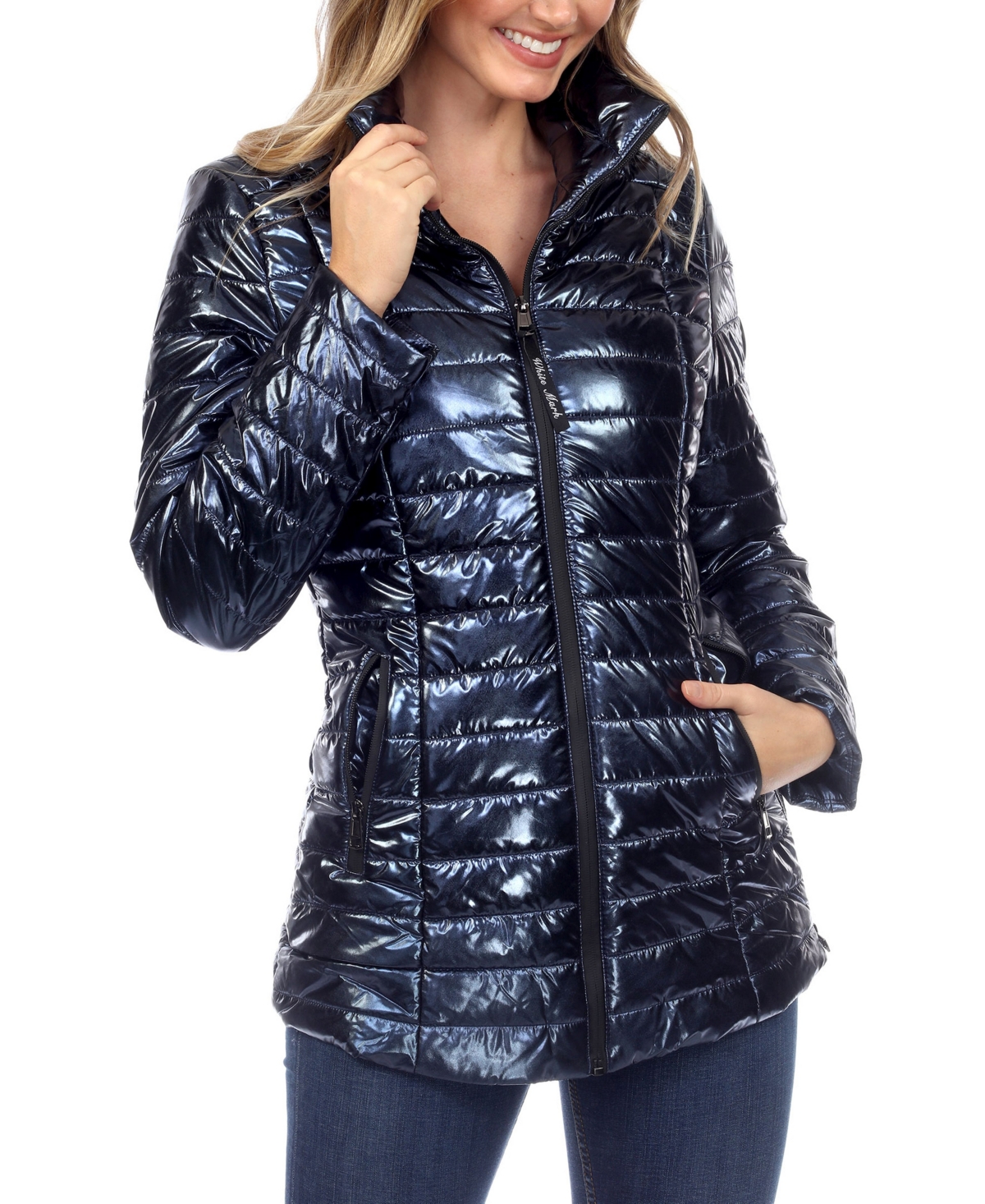 Women's Metallic Puffer Coat - Blue