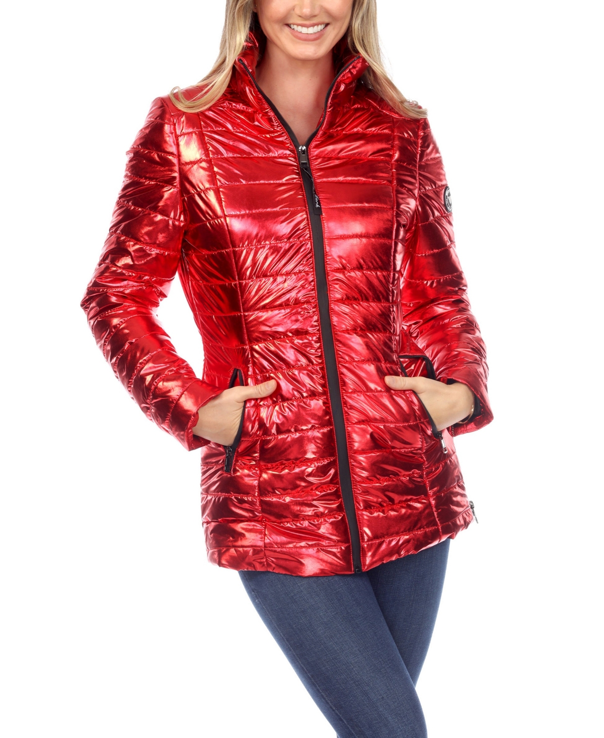 Women's Metallic Puffer Coat - Red