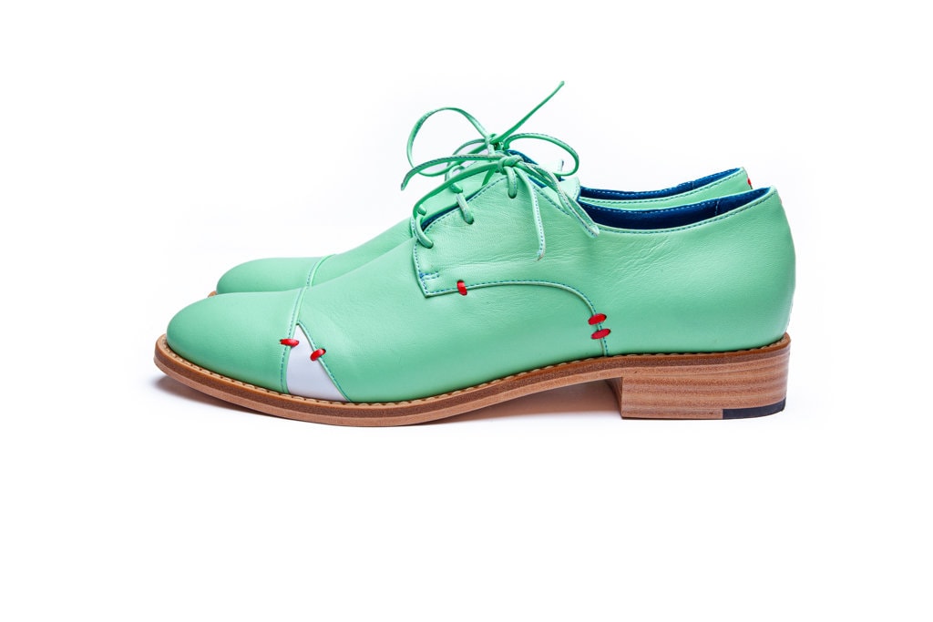 Women's Mint Green Brogues Shoes, Green Women's Oxford Handmade Oxford & Tie Shoes For Women, Flats, Perfect Fit