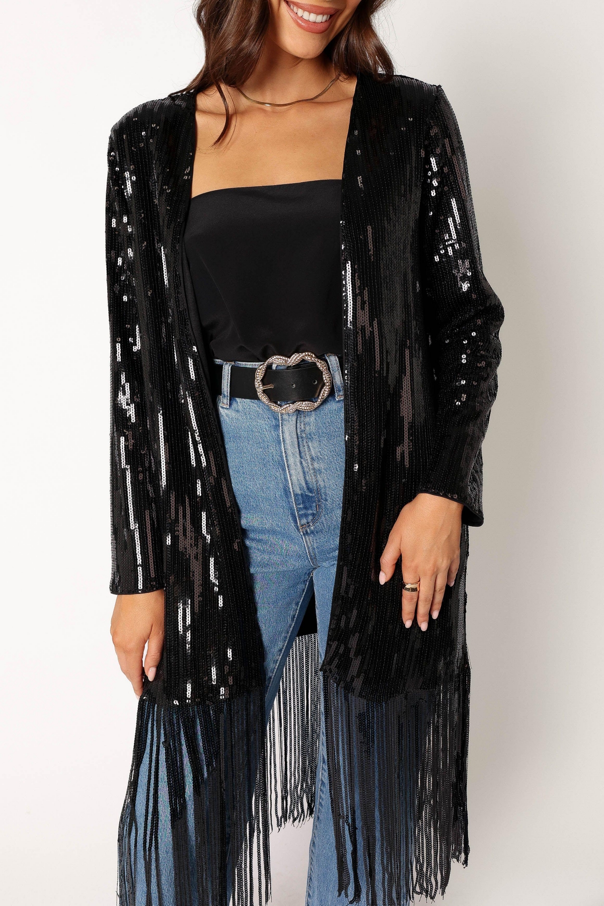 Women's Miriam Sequin Fringe Duster Trench Coat - Black