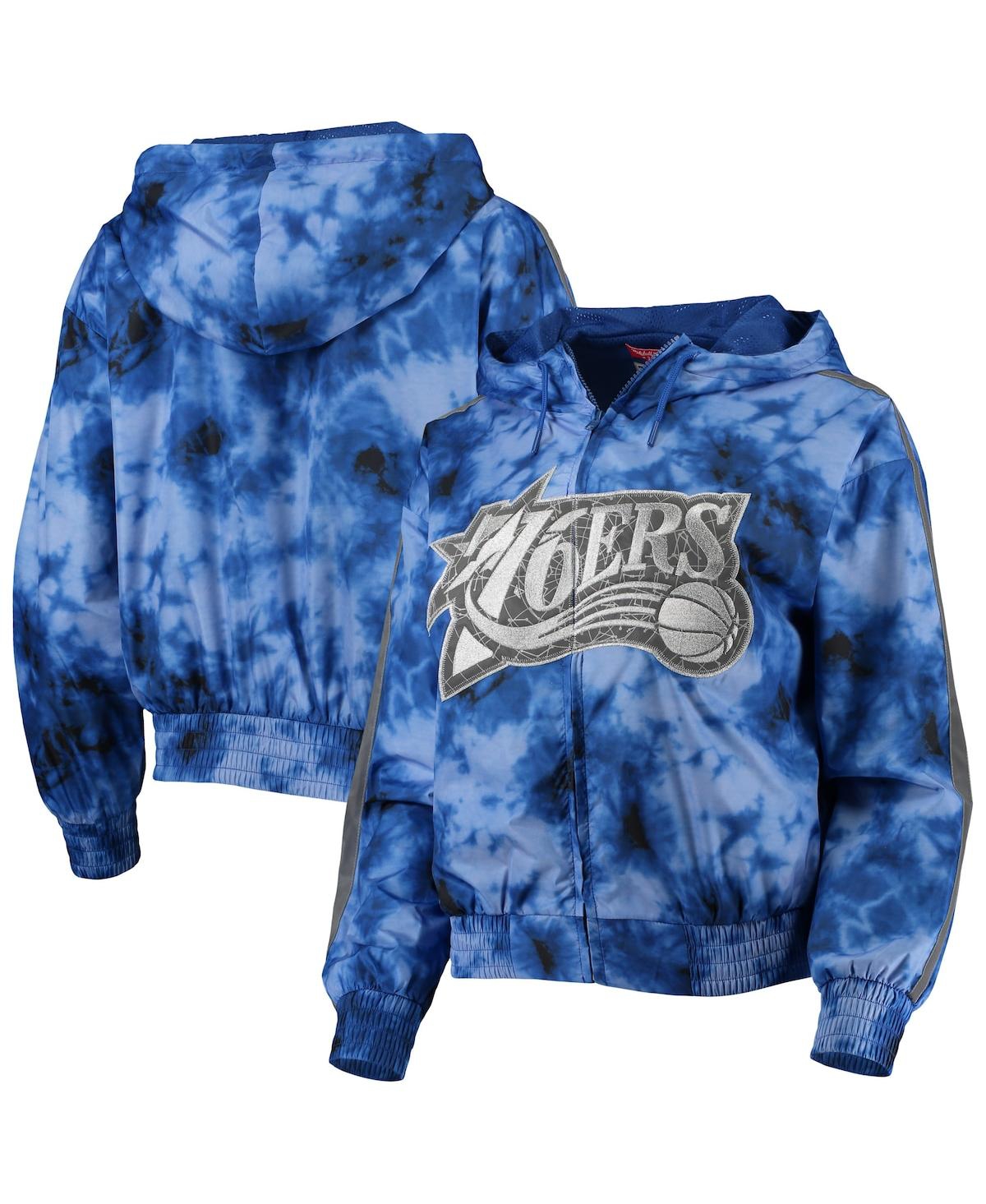 Women's Mitchell & Ness Royal Philadelphia 76ers Galaxy Sublimated Windbreaker Pullover Full-Zip Hoodie Jacket - Royal