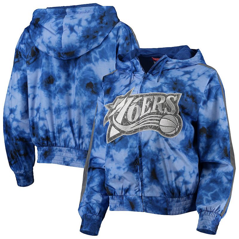 Women's Mitchell & Ness Royal Philadelphia 76ers Galaxy Sublimated Windbreaker Pullover Full-Zip Hoodie, Size: Large, 76r Blue