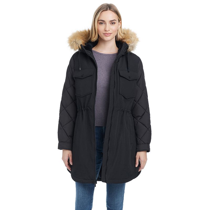 Women's Modern Supply by Sanctuary Faux Fur Trim Hooded Quilted Parka Coat, Size: Medium, Black