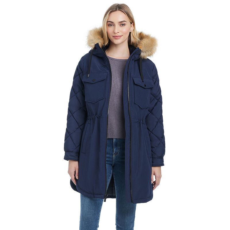 Women's Modern Supply by Sanctuary Faux Fur Trim Hooded Quilted Parka Coat, Size: XXL, Royal Blue