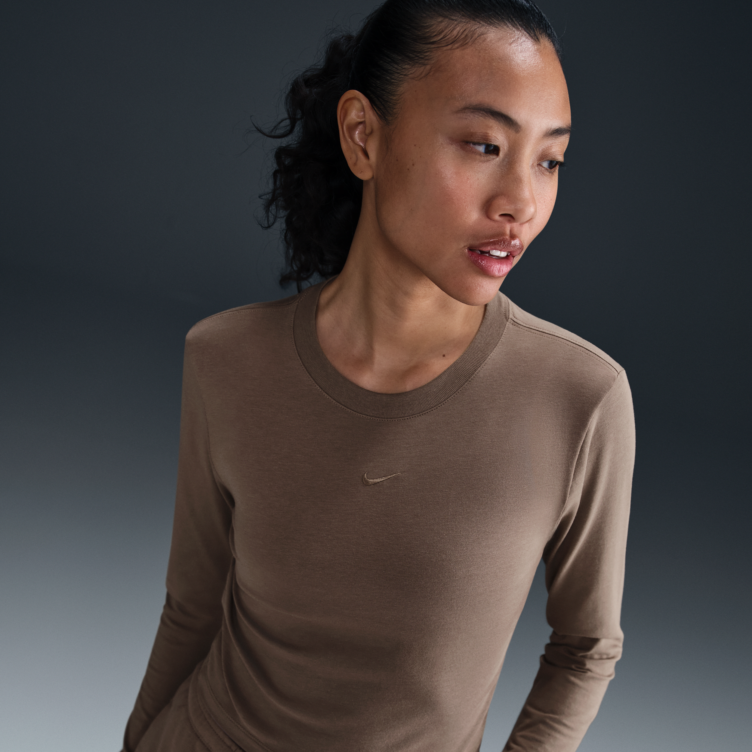 Women's Nike Sportswear Chill Knit Slim Long-Sleeve Cropped Top in Brown | HF5322-233