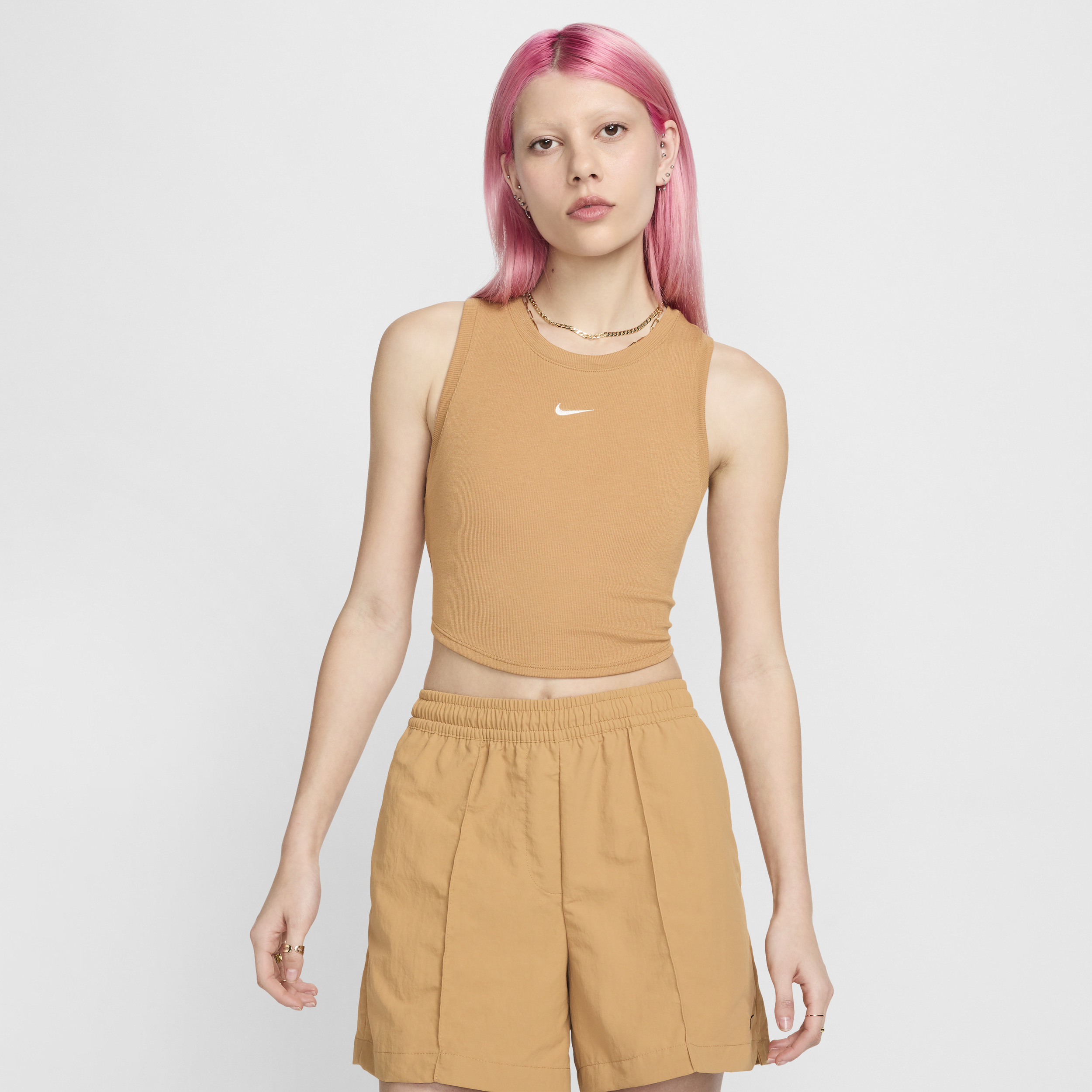 Women's Nike Sportswear Chill Knit Tight Cropped Mini-Rib Tank Top in Brown | FB8279-224