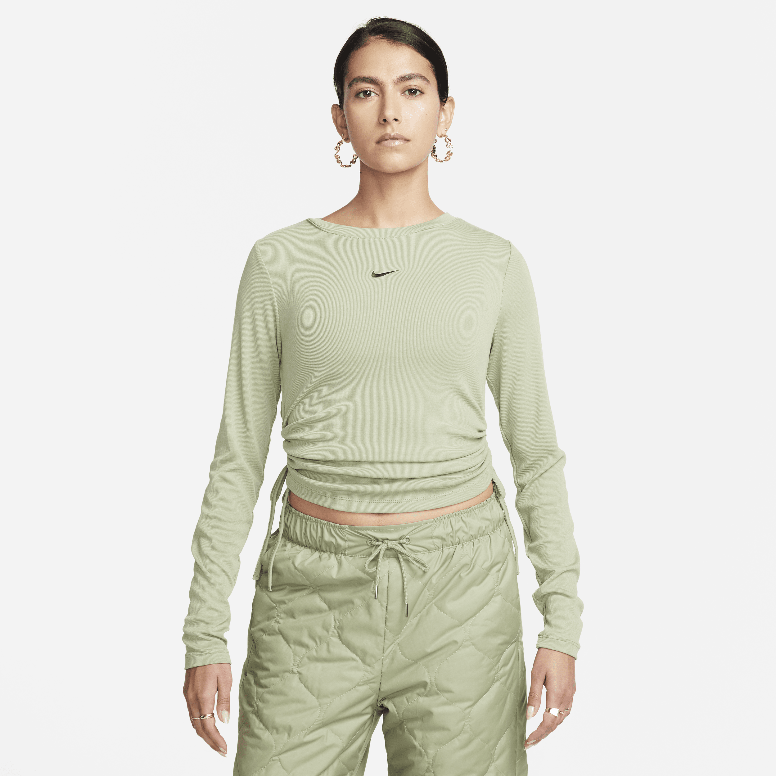 Women's Nike Sportswear Essential Ribbed Long-Sleeve Mod Crop Top in Green | FB8717-386