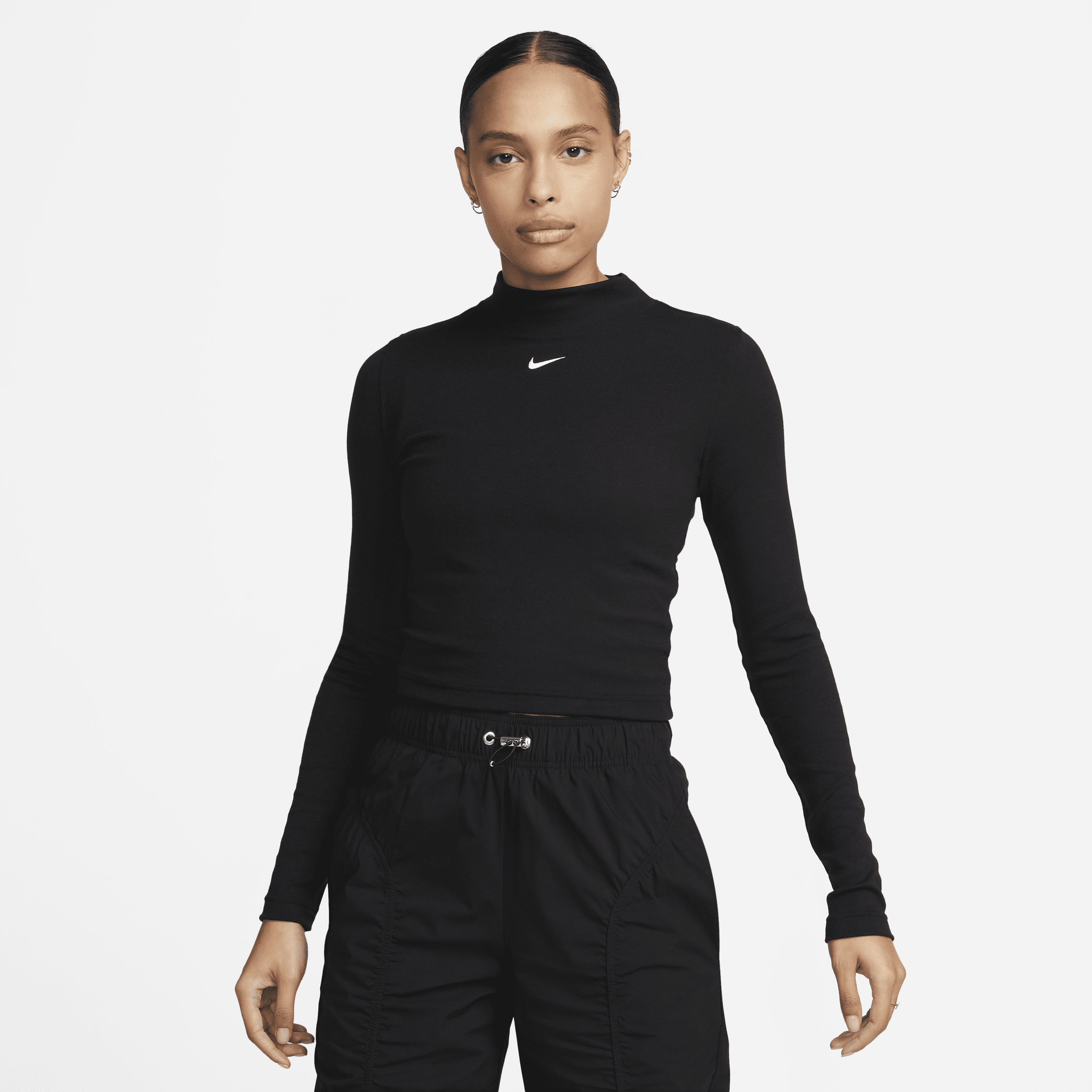 Women's Nike Sportswear Essential Ribbed Mock-Neck Long-Sleeve Top in Black | DV7880-010