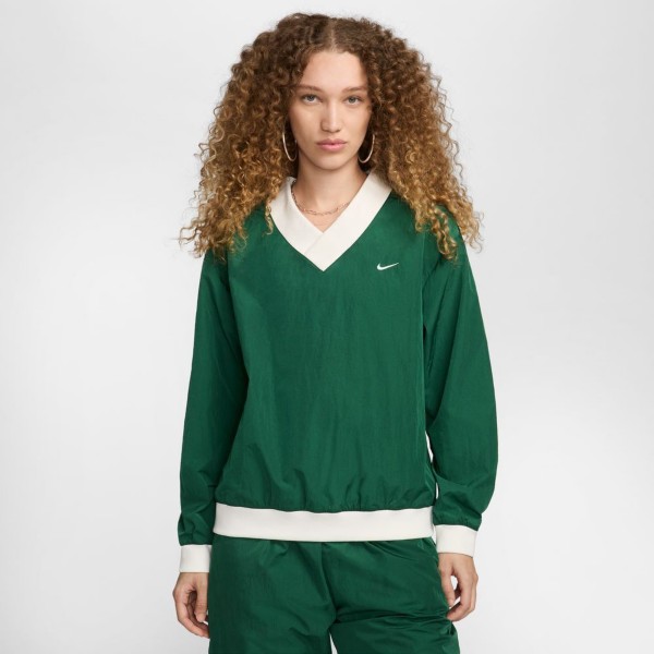 Women's Nike Sportswear Essential UV Woven Long-Sleeve V-Neck Top Crewneck Sweatshirt 2XLarge Gorge Green/Sail