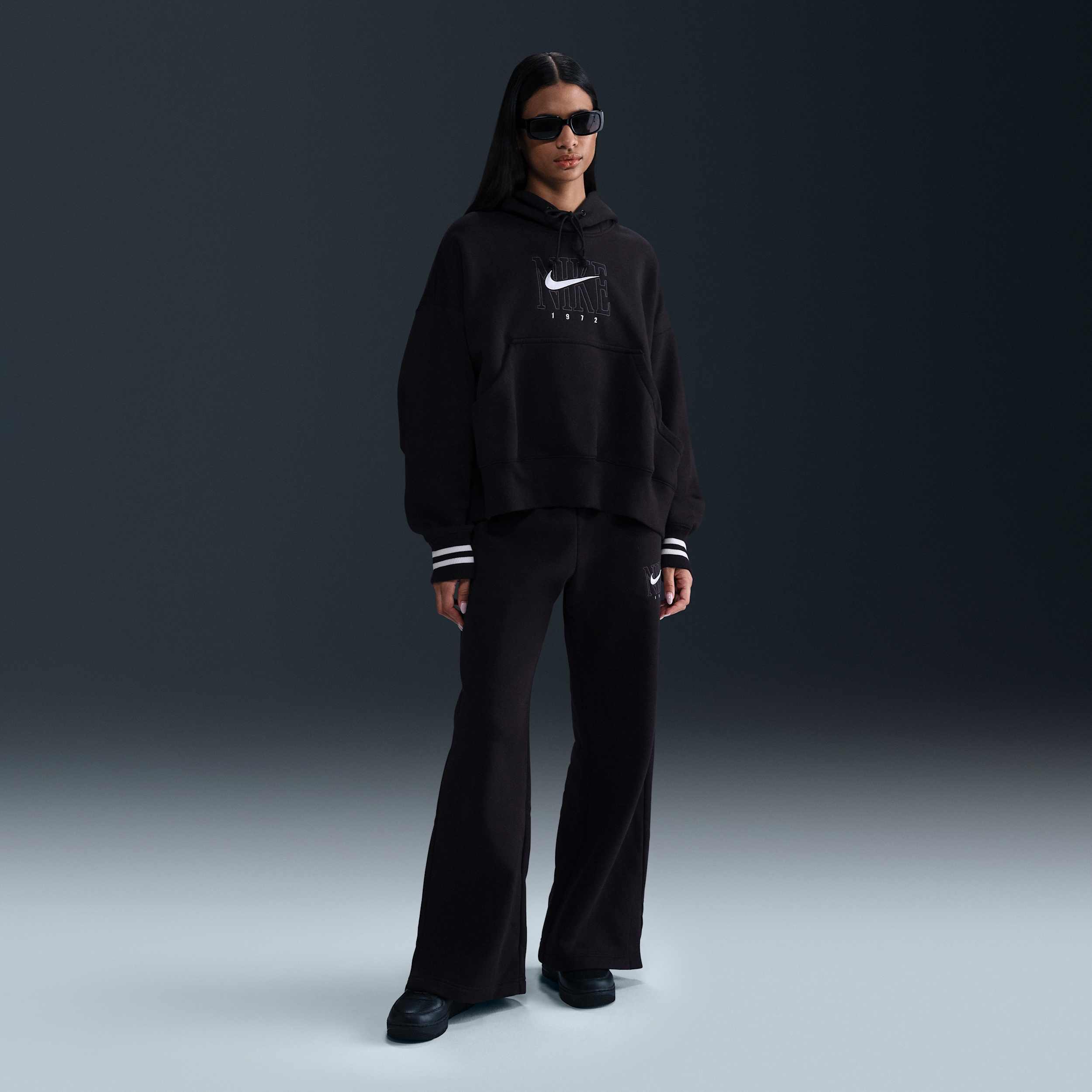 Women's Nike Sportswear Phoenix Fleece High-Waisted Wide-Leg Graphic Pants in Black | HJ0909-010