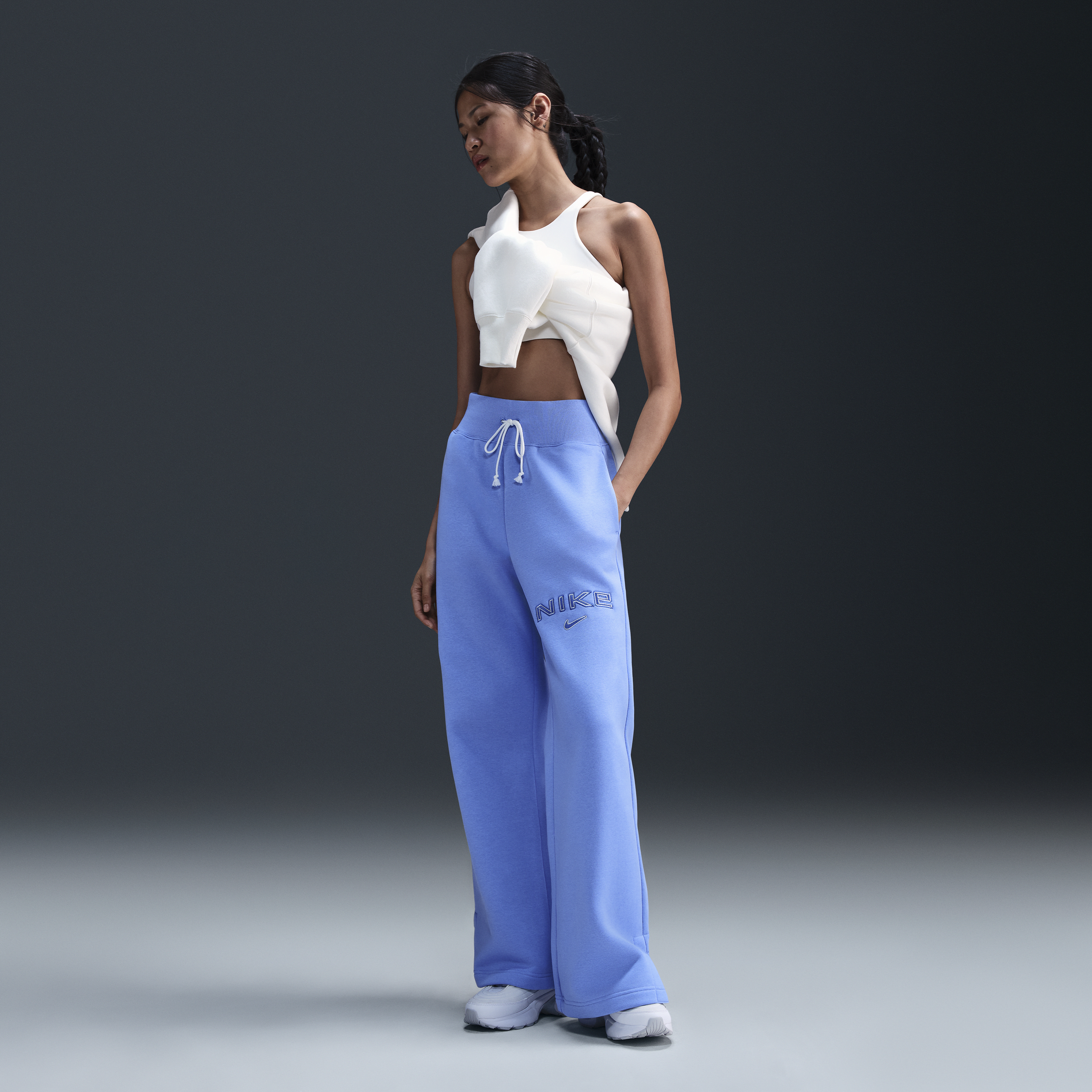 Women's Nike Sportswear Phoenix Fleece High-Waisted Wide-Leg Logo Pants in Blue | FV7684-494