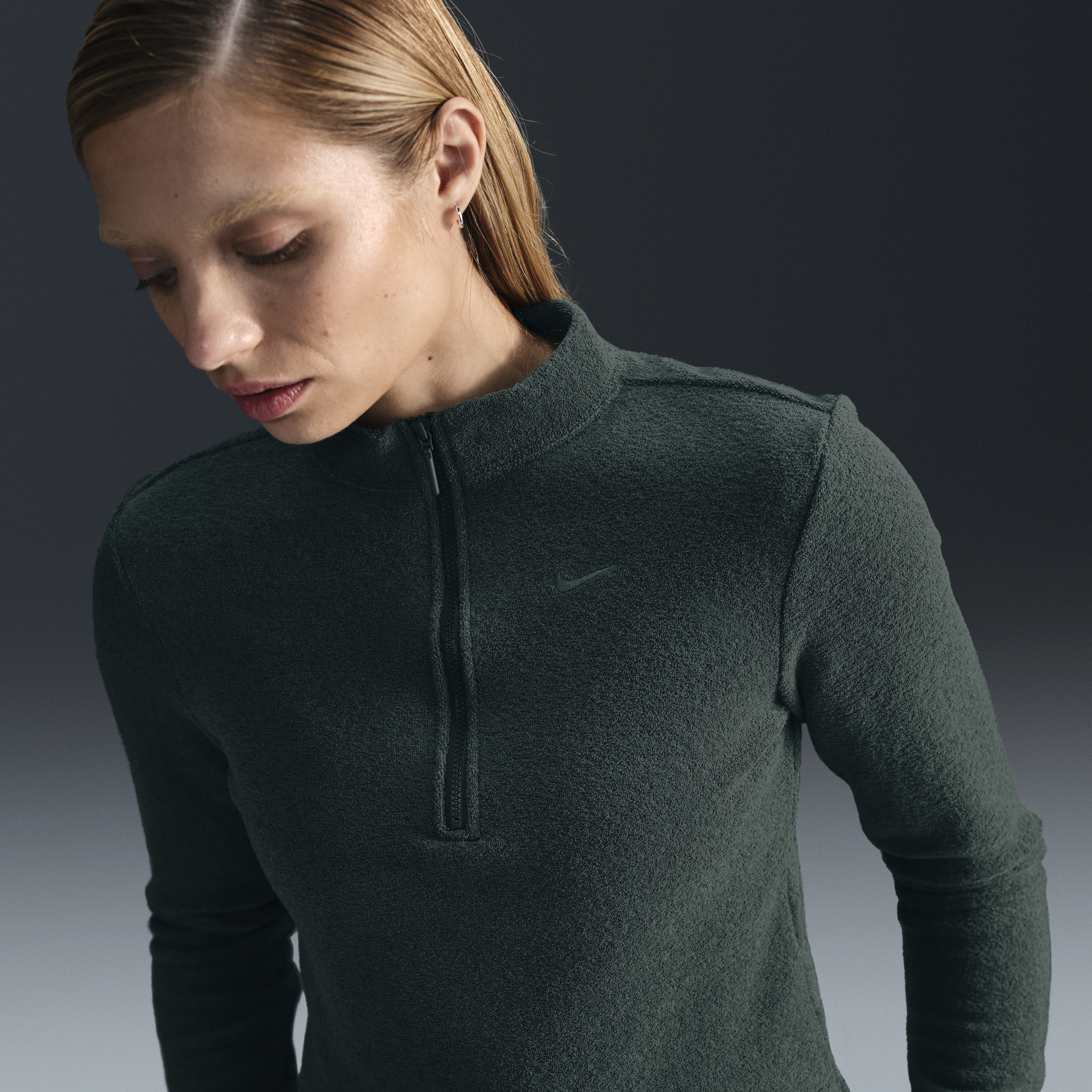 Women's Nike Sportswear Phoenix Plush Slim Long-Sleeve Cozy Fleece 1/2-Zip Top in Green | FV8028-338