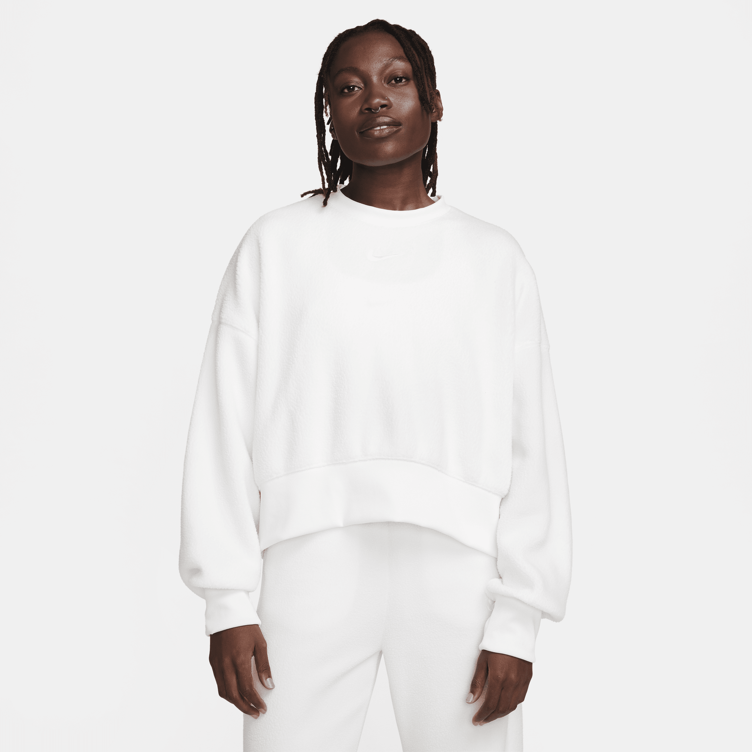 Women's Nike Sportswear Plush Oversized Crew-Neck Mod Crop Sweatshirt in White | DQ6844-133