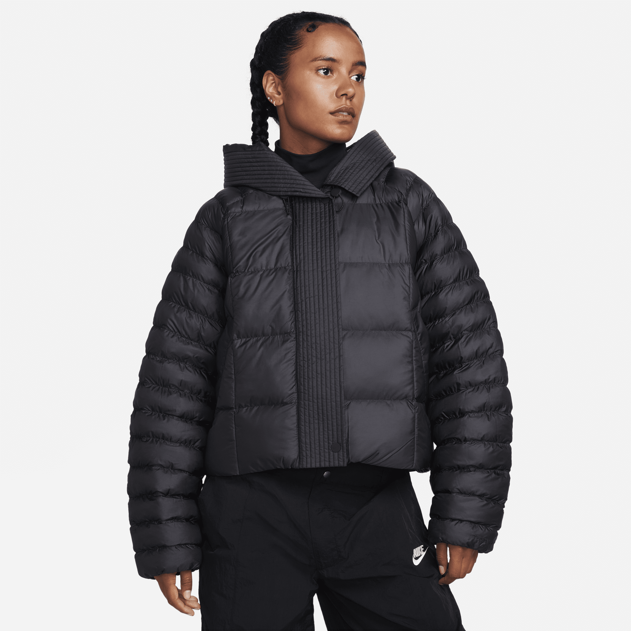 Women's Nike Sportswear Swoosh Puffer PrimaLoft Therma-FIT Oversized Hooded Jacket in Black | FB8729-010