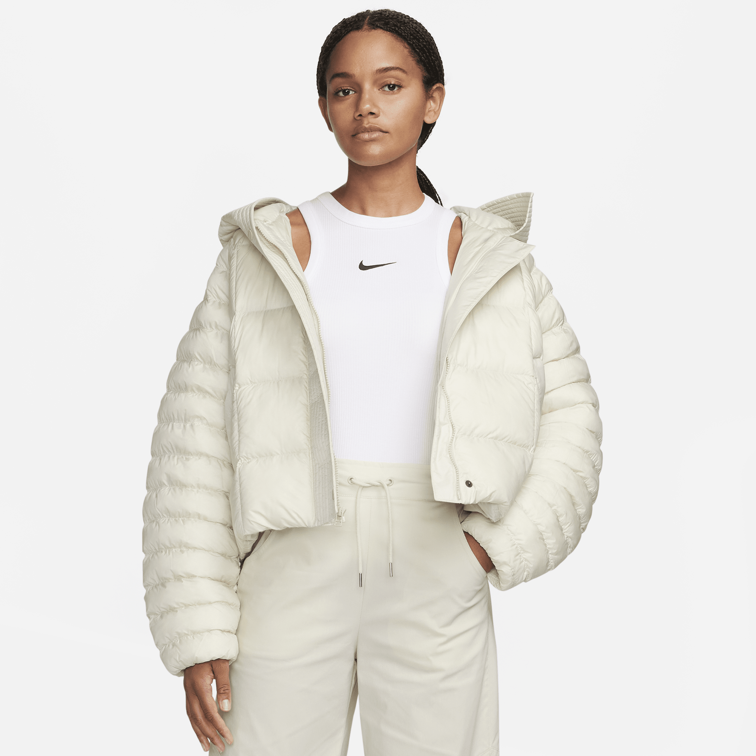 Women's Nike Sportswear Swoosh Puffer PrimaLoft Therma-FIT Oversized Hooded Jacket in Brown | FB8729-104