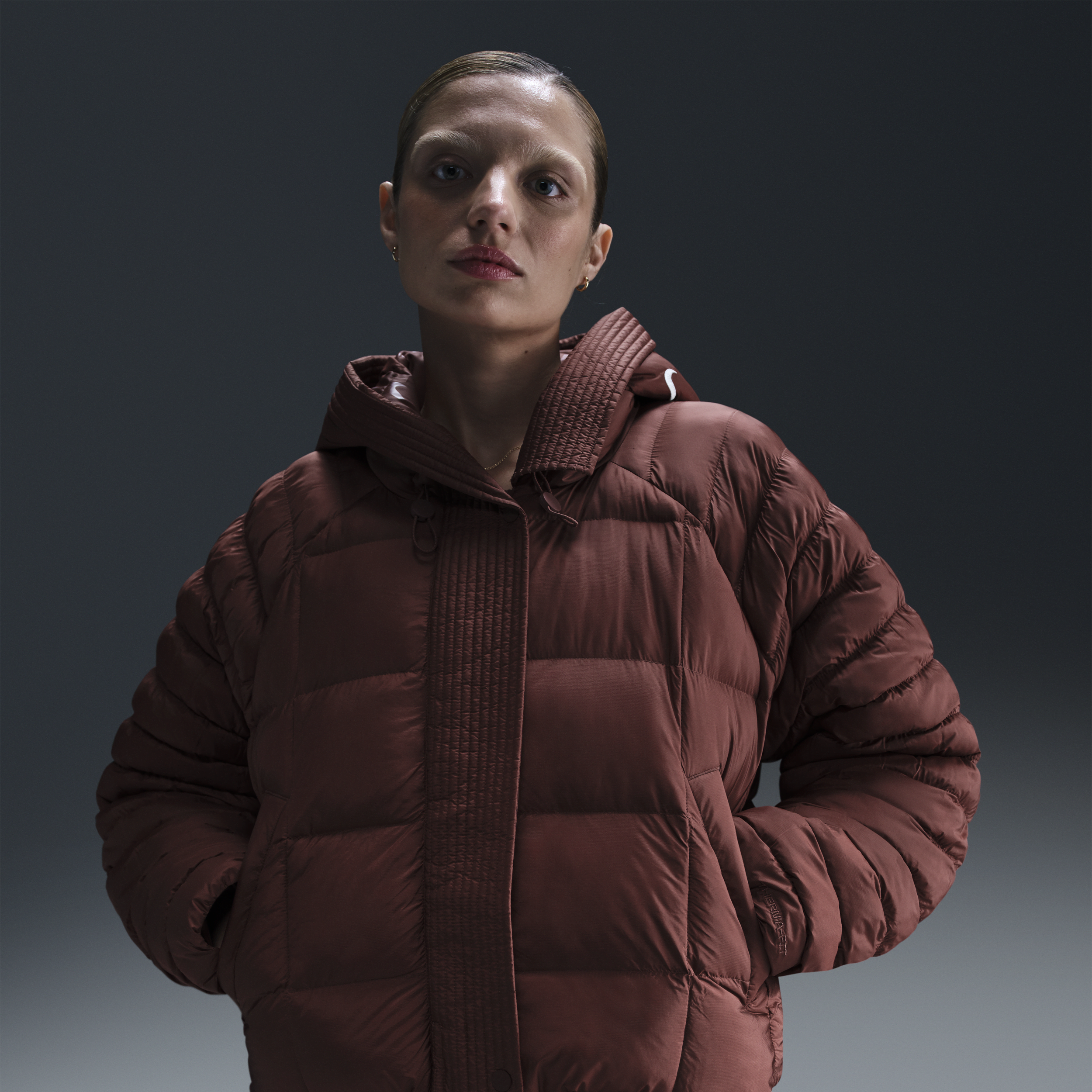 Women's Nike Sportswear Swoosh Puffer PrimaLoft Therma-FIT Oversized Hooded Jacket in Brown | FB8729-218