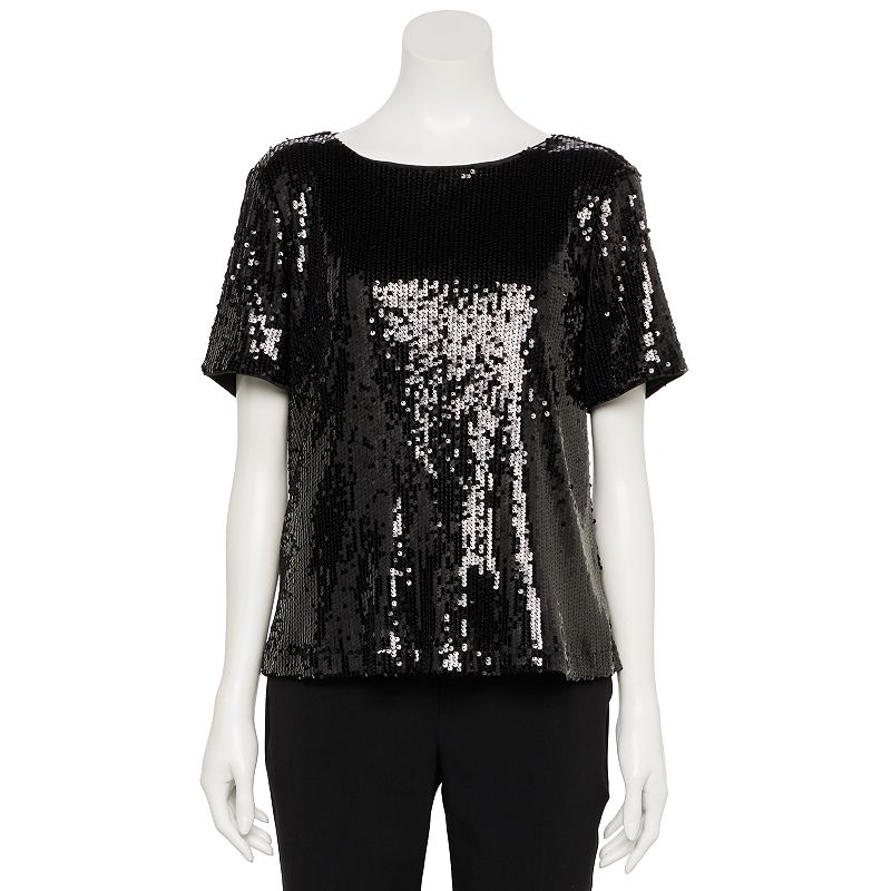 Women's Nine West Adaptive Short Sleeve Sequin Mesh Top, Size: XS, Black