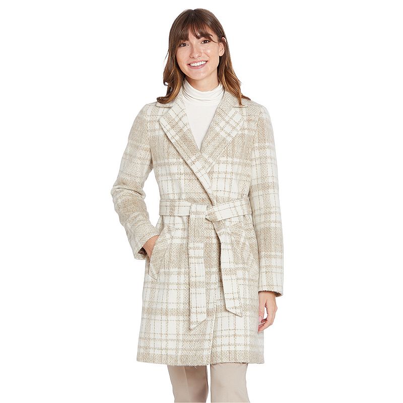 Women's Nine West Faux Wool Belted Trench Coat, Size: XXL, Frosty Plaid