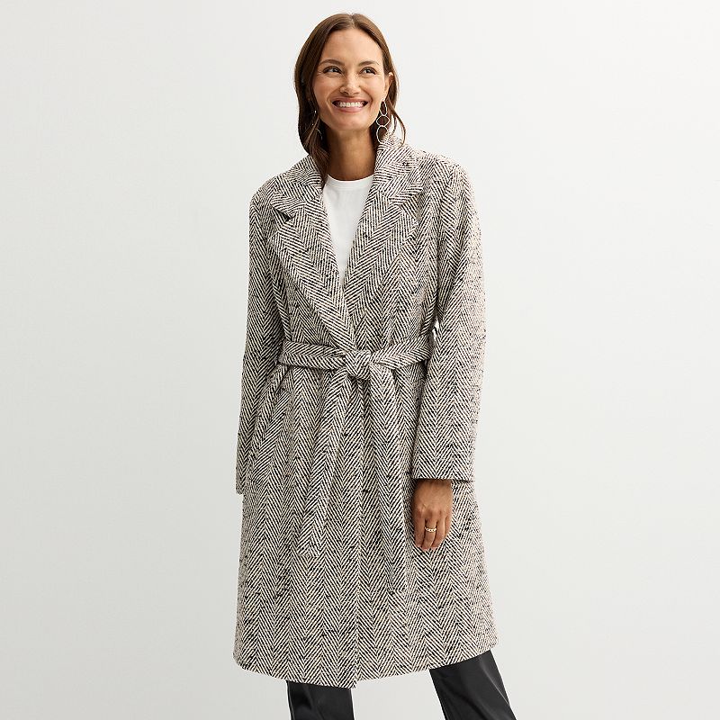 Women's Nine West Long Wrap Coat, Size: XL, Ivory Herringbone