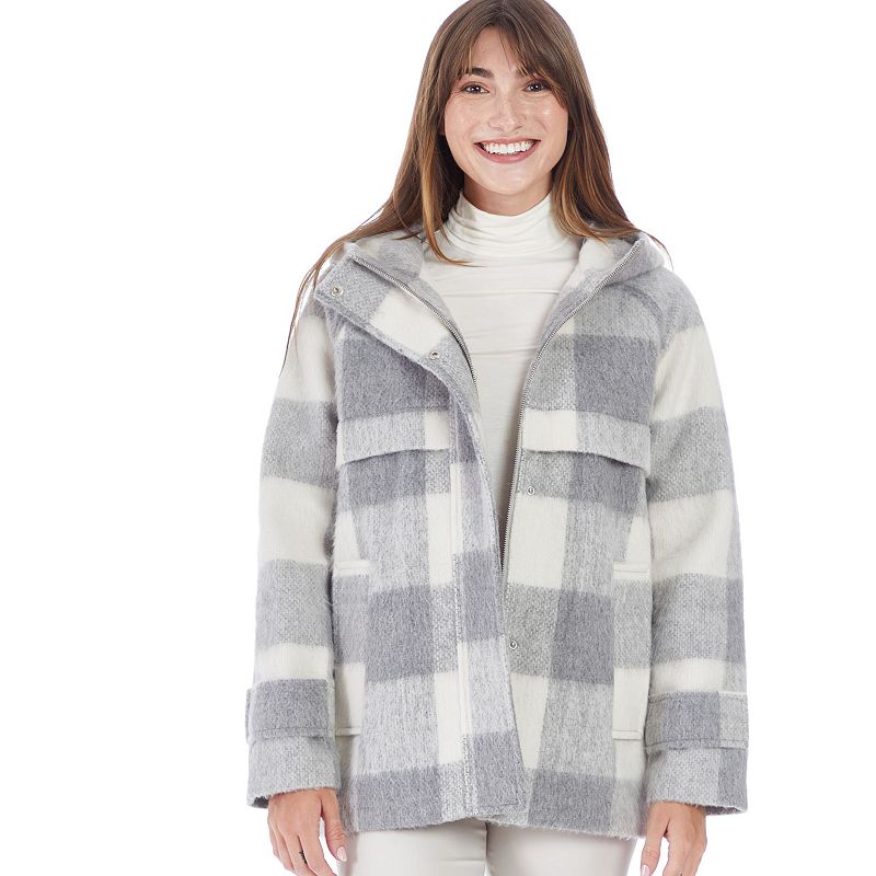 Women's Nine West Plaid Duffle Jacket, Size: XL, Gray White Plaid