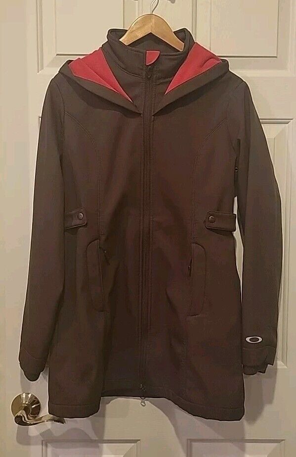 Womens Oakley Large Brown Hooded Trench Coat Full Zip Logo