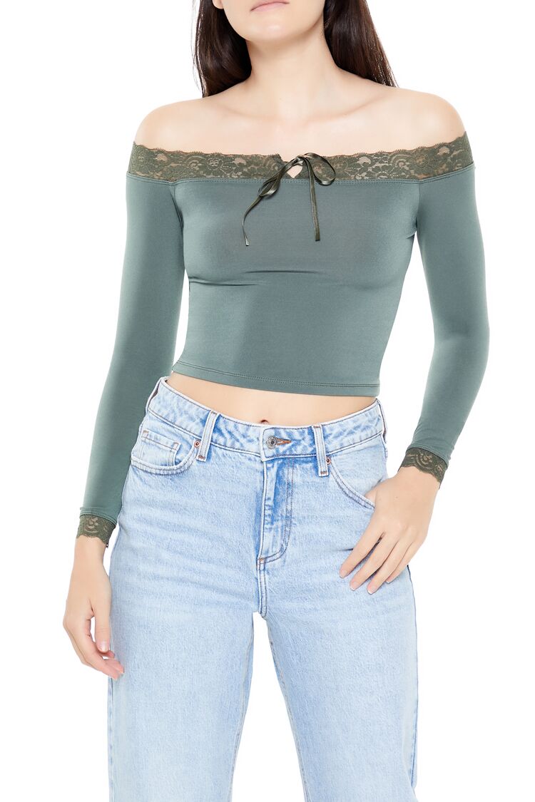 Women's Off-the-Shoulder Bow Crop Top in Dark Green Small