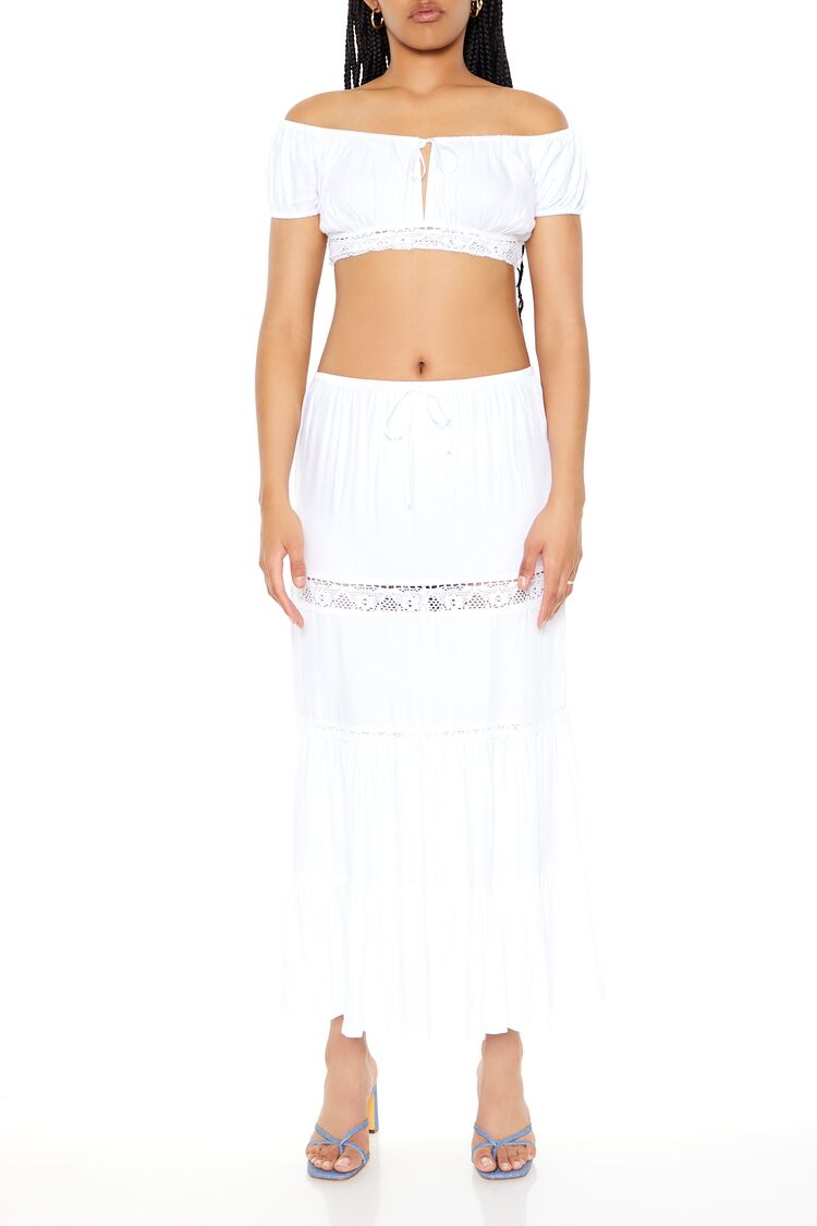 Women's Off-the-Shoulder Top & Skirt Set in White, XS