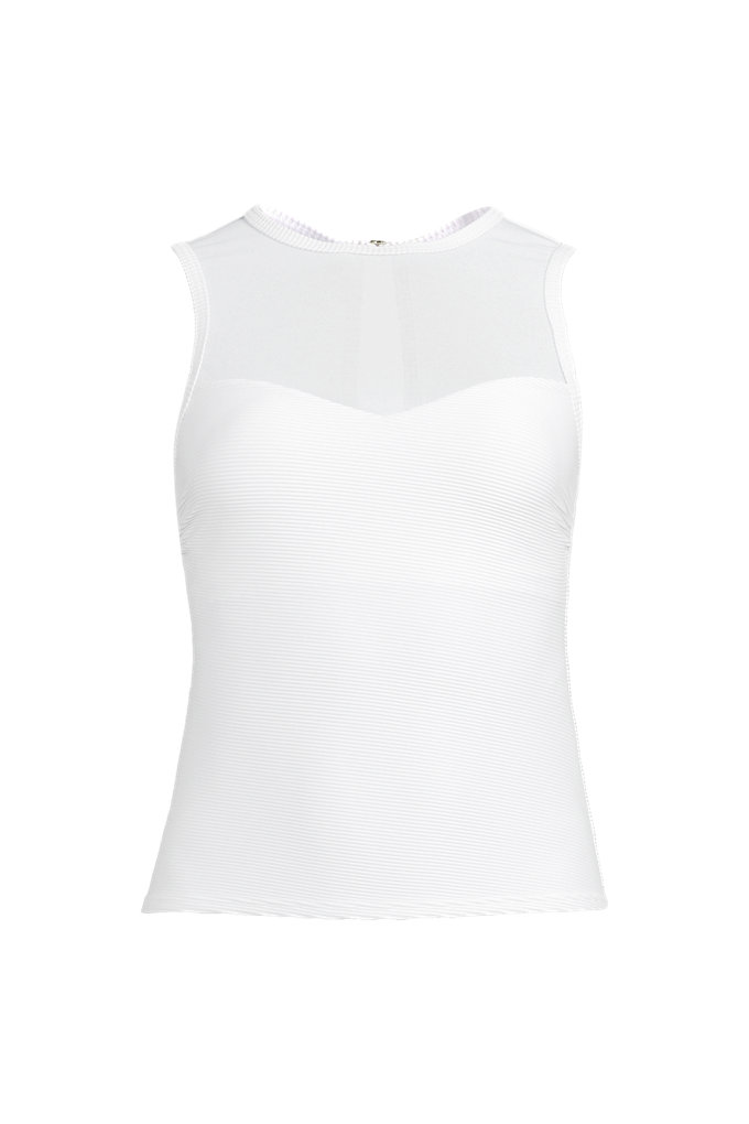 Women's Ottoman Rib High Neck Sweetheart Mesh Cutout Tankini Top - Lands' End - White - 2